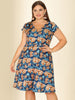 Floral Printed Cap Sleeve V-neck Plus Size Dress