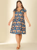 Floral Printed Cap Sleeve V-neck Plus Size Dress
