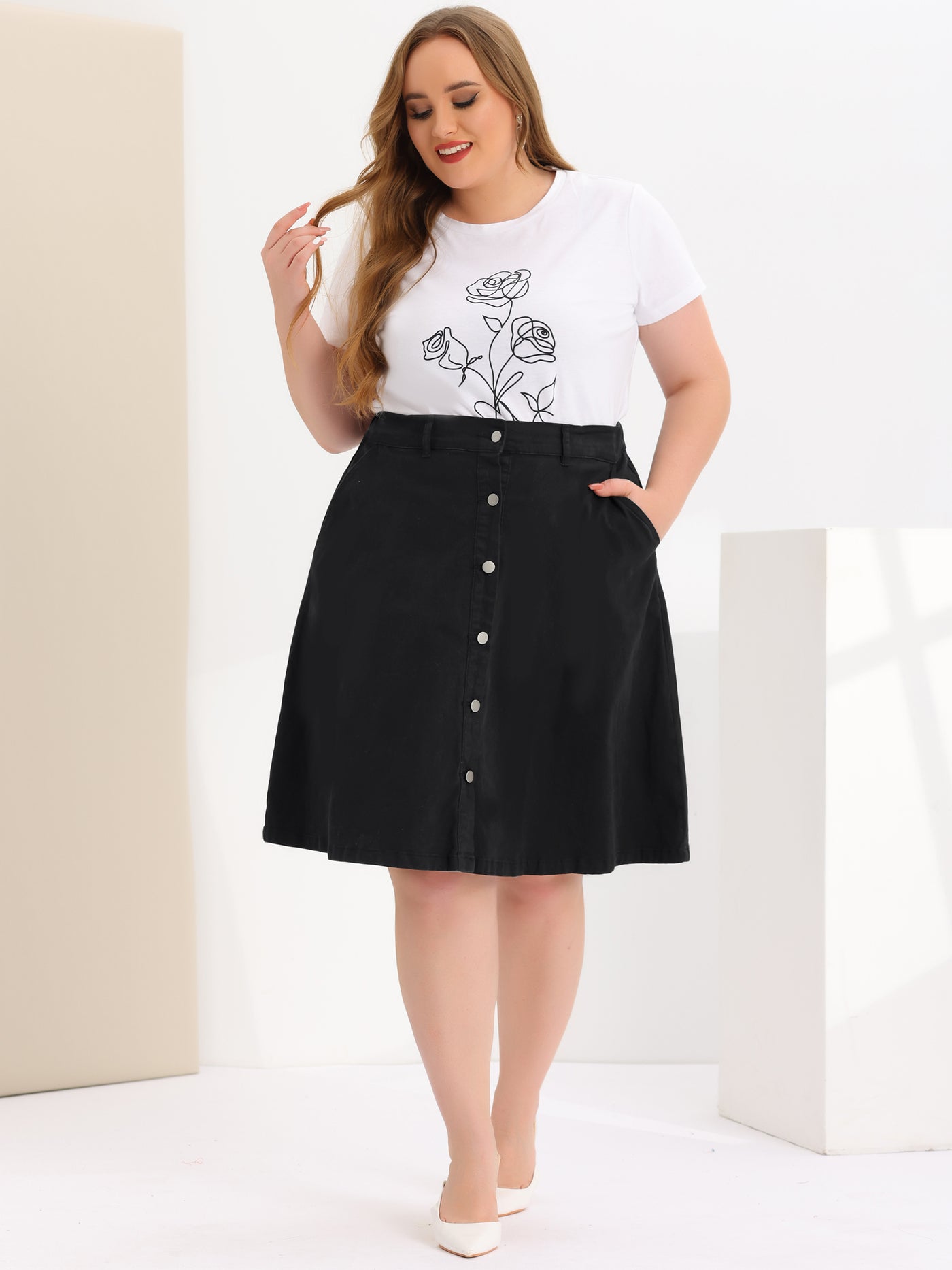 Bublédon A Line Polyester Button Up Plus Size Denim Skirt
