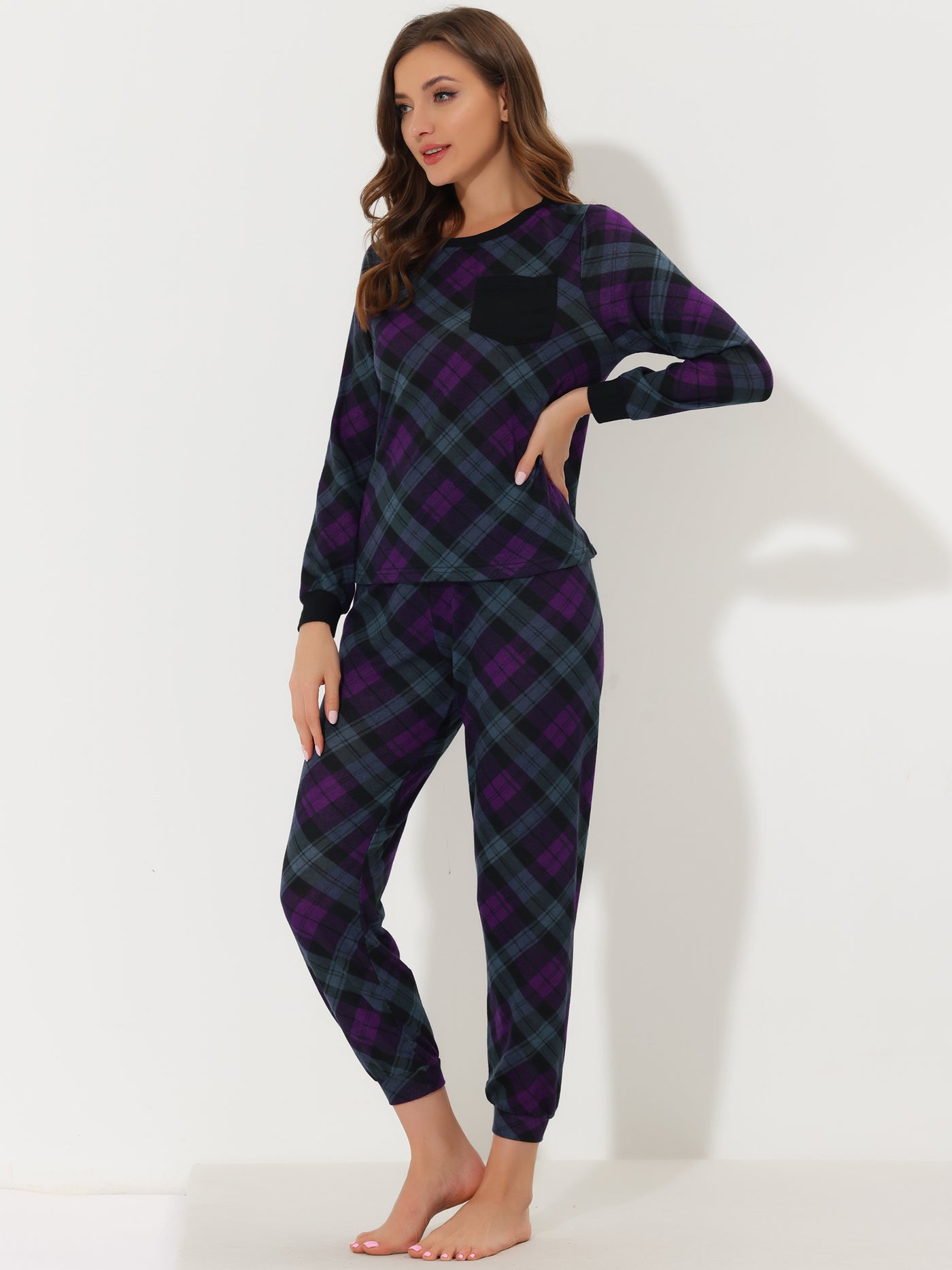 Bublédon Sport H Line Knit Full Length Plaids Lounge Pajama Sets