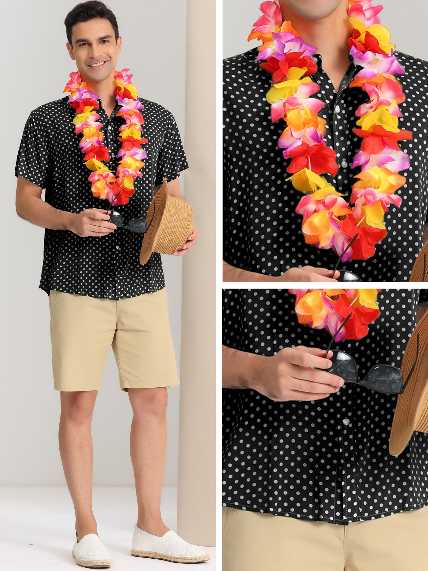 Bublédon Polka Dots Shirts for Men's Short Sleeves Regular Fit Summer Hawaiian Point Shirt