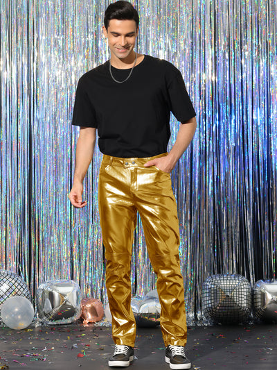 Men's Metallic Pants Regular Fit Shiny Party Disco Faux Leather Trousers