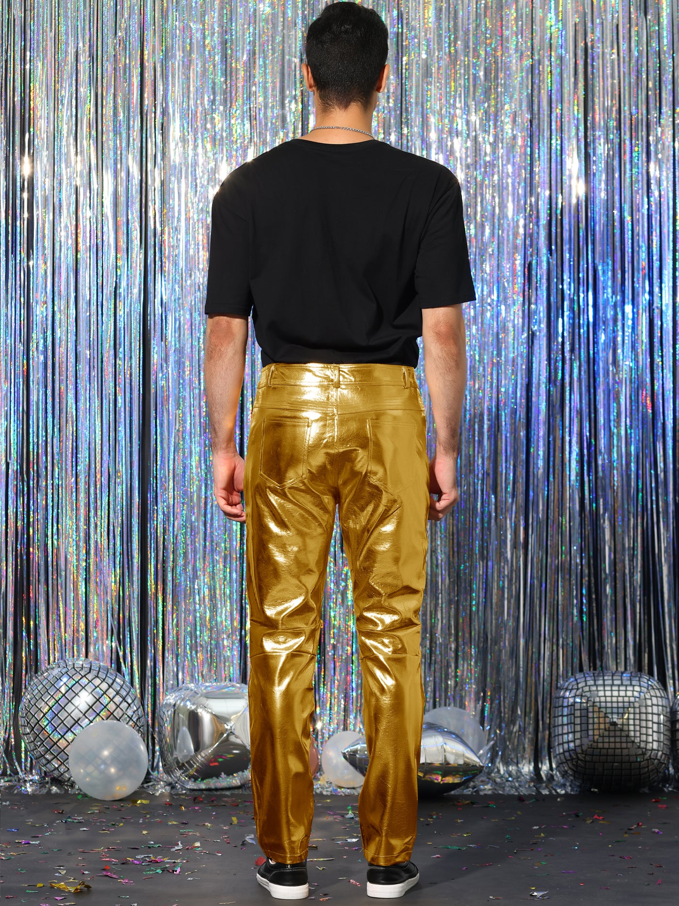 Bublédon Men's Metallic Pants Regular Fit Shiny Party Disco Faux Leather Trousers