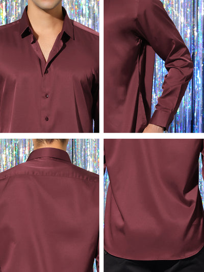 Men's Satin Long Sleeves Button Up Business Prom Dress Shirts