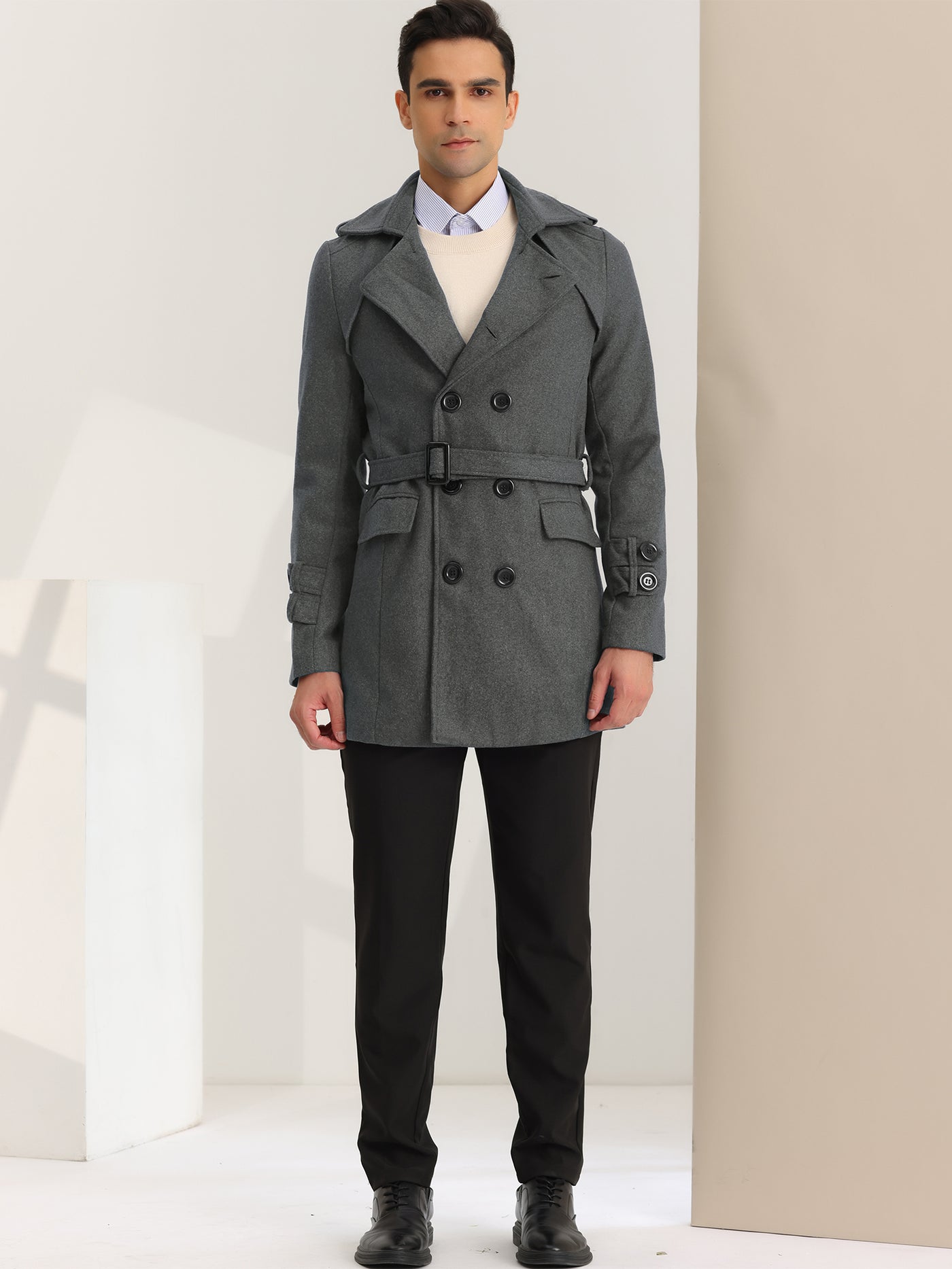 Bublédon Men's Lapel Collar Double Breasted Belted Warm Pea Trench Coat