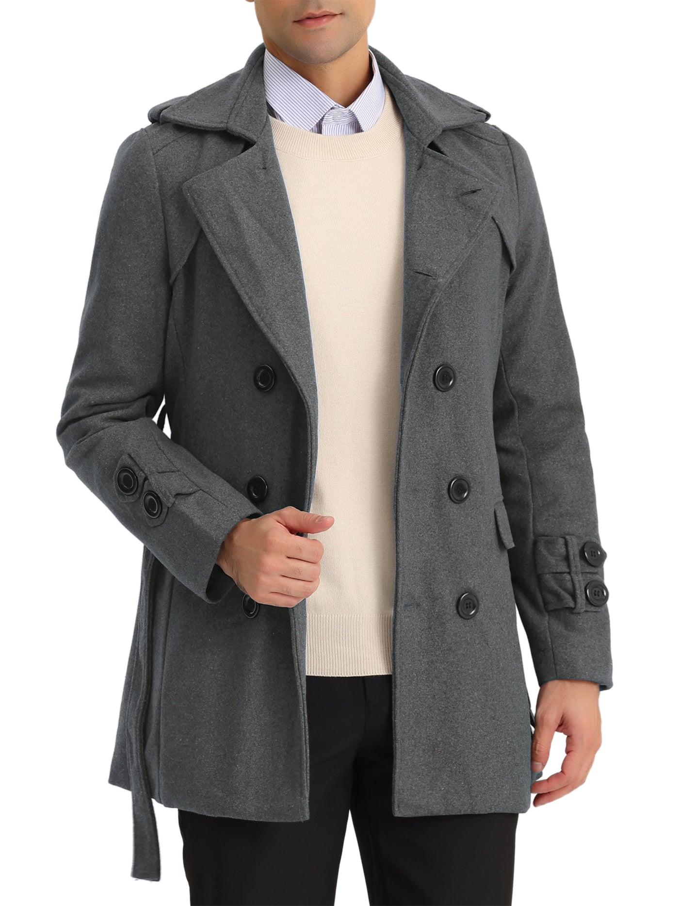 Bublédon Men's Lapel Collar Double Breasted Belted Warm Pea Trench Coat