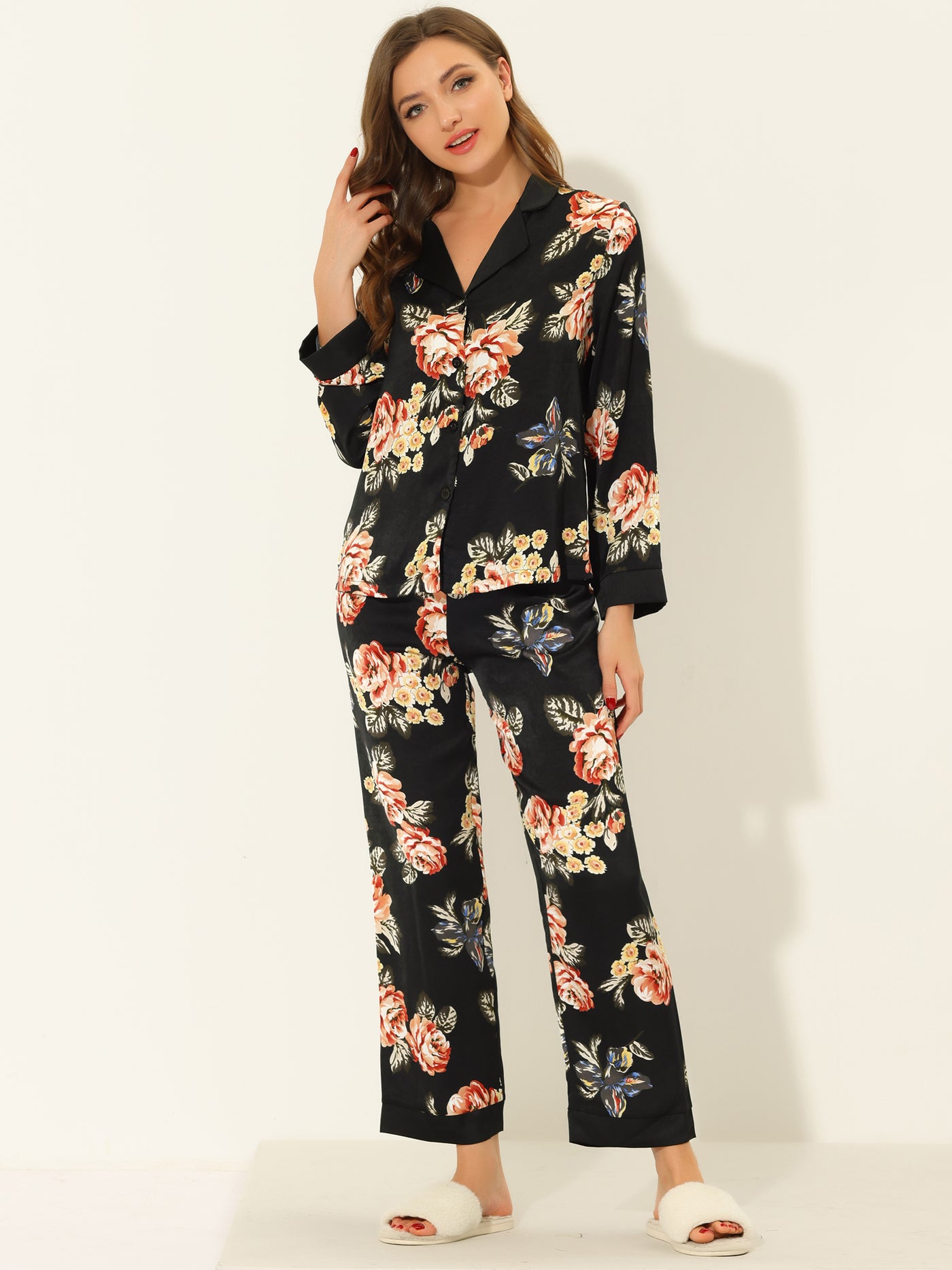 Bublédon Women's Floral Button Down Silk Sleepwear 2pcs Pajama Sets