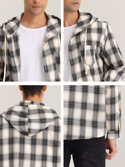 Hoodie Plaid Long Sleeve Button Down Checked Hooded Shirt Jacket