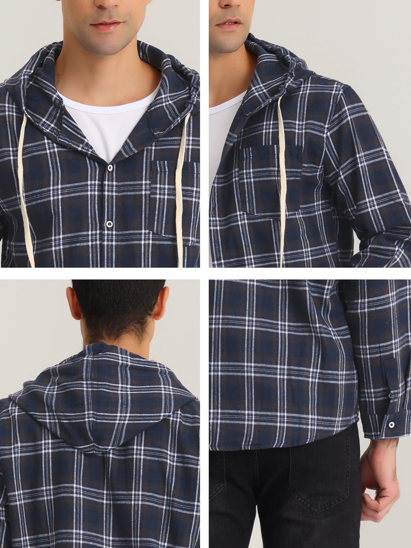 Bublédon Hoodie Plaid Long Sleeve Button Down Checked Hooded Shirt Jacket