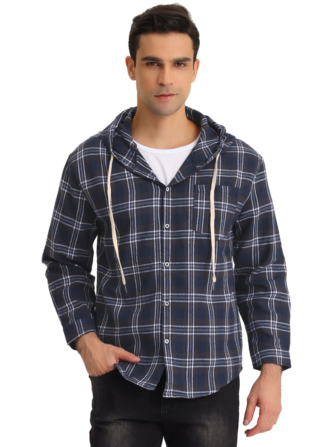 Bublédon Hoodie Plaid Long Sleeve Button Down Checked Hooded Shirt Jacket