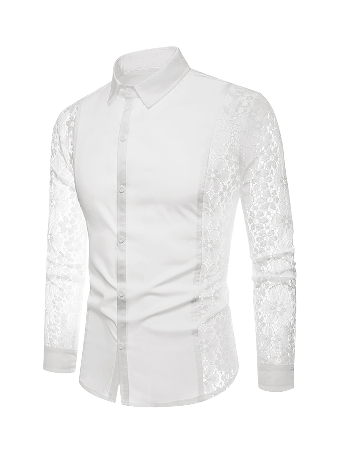 Bublédon Men's See Through Lace Sheer Sleeves Shirt Button Down Party Nightclub Shirts