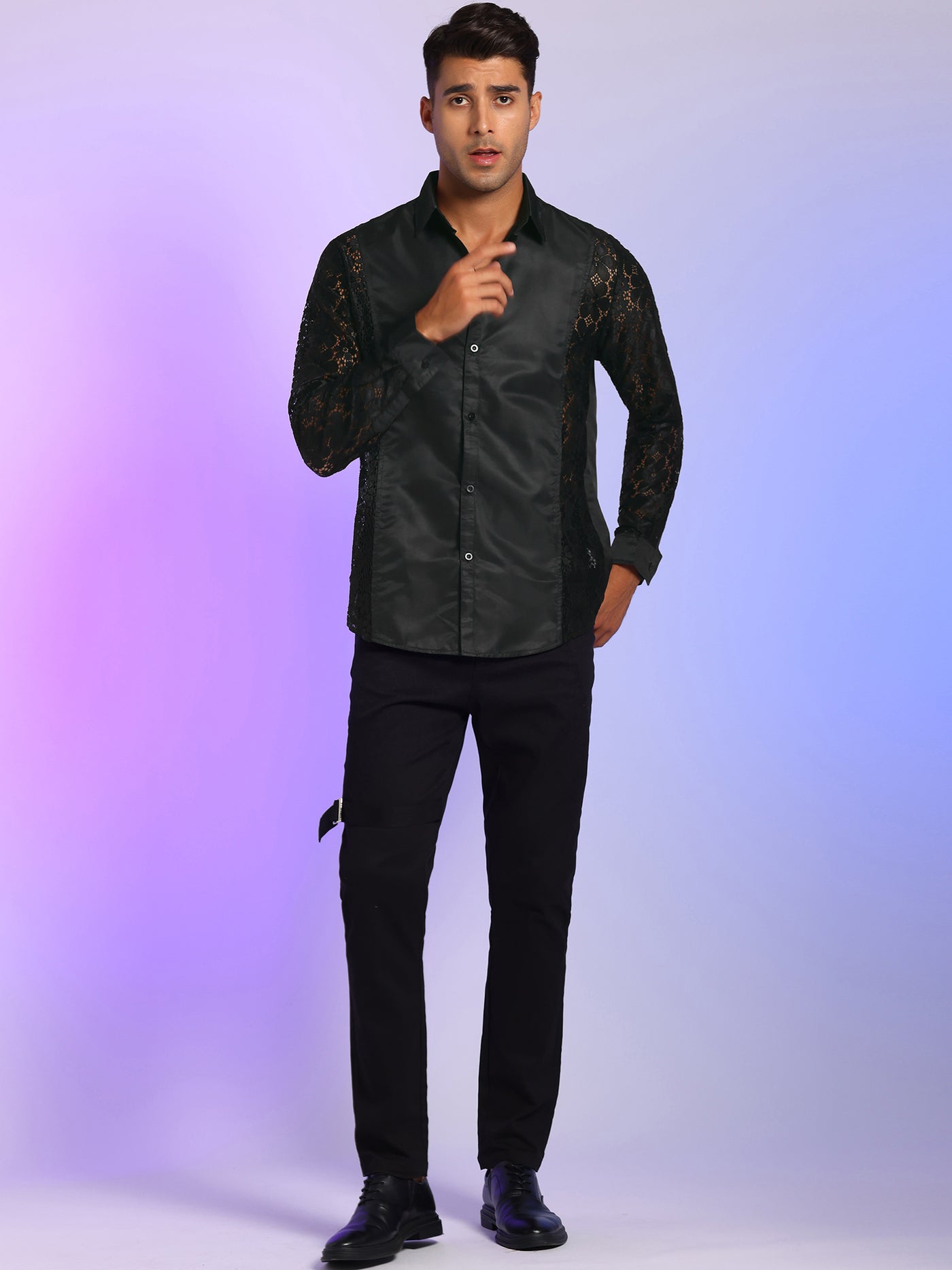 Bublédon Men's See Through Lace Sheer Sleeves Shirt Button Down Party Nightclub Shirts