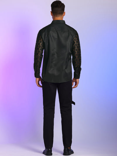 Men's See Through Lace Sheer Sleeves Shirt Button Down Party Nightclub Shirts