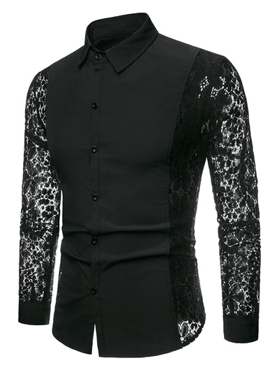 Men's See Through Lace Sheer Sleeves Shirt Button Down Party Nightclub Shirts