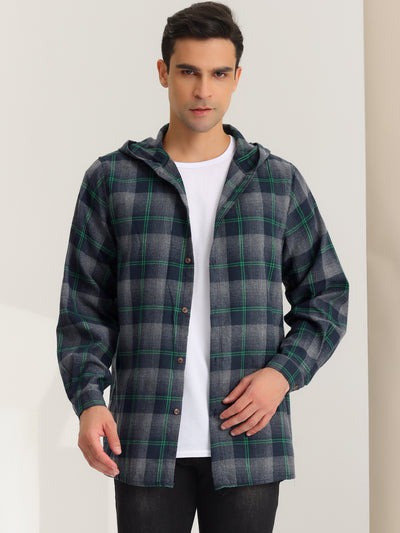 Hoodie Plaid Long Sleeve Button Down Checked Hooded Shirt Jacket