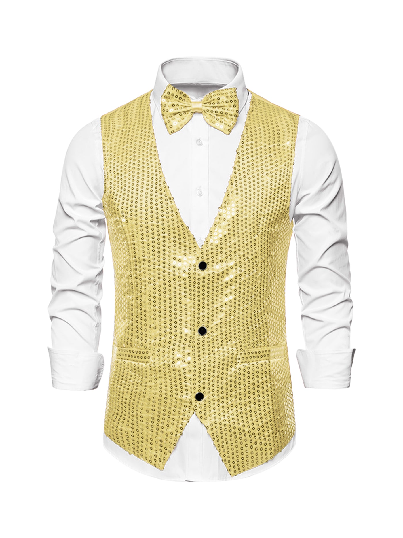 Bublédon Men's Sequin Waistcoat Shiny Sleeveless Party Prom Dress Suit Vest with Bow Tie