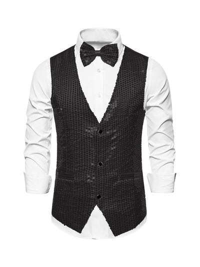 Men's Sequin Waistcoat Shiny Sleeveless Party Prom Dress Suit Vest with Bow Tie