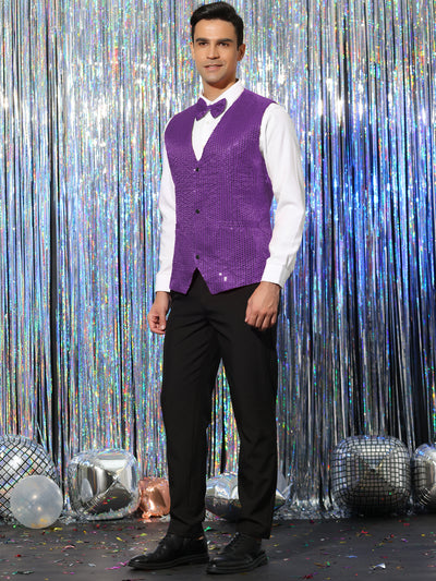 Men's Sequin Waistcoat Shiny Sleeveless Party Prom Dress Suit Vest with Bow Tie