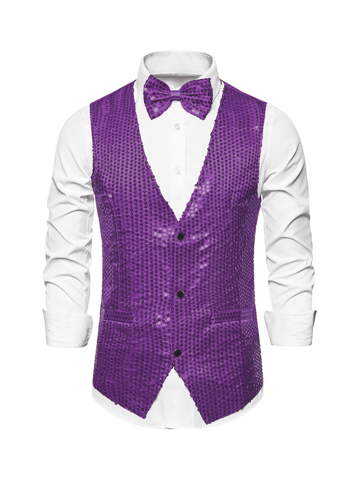 Bublédon Men's Sequin Waistcoat Shiny Sleeveless Party Prom Dress Suit Vest with Bow Tie