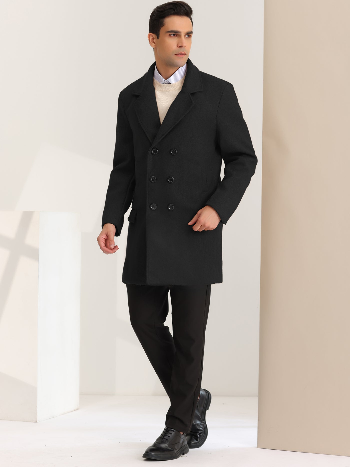 Bublédon Men's Winter Overcoat Double Breasted Notched Lapel Mid-Length Pea Coat
