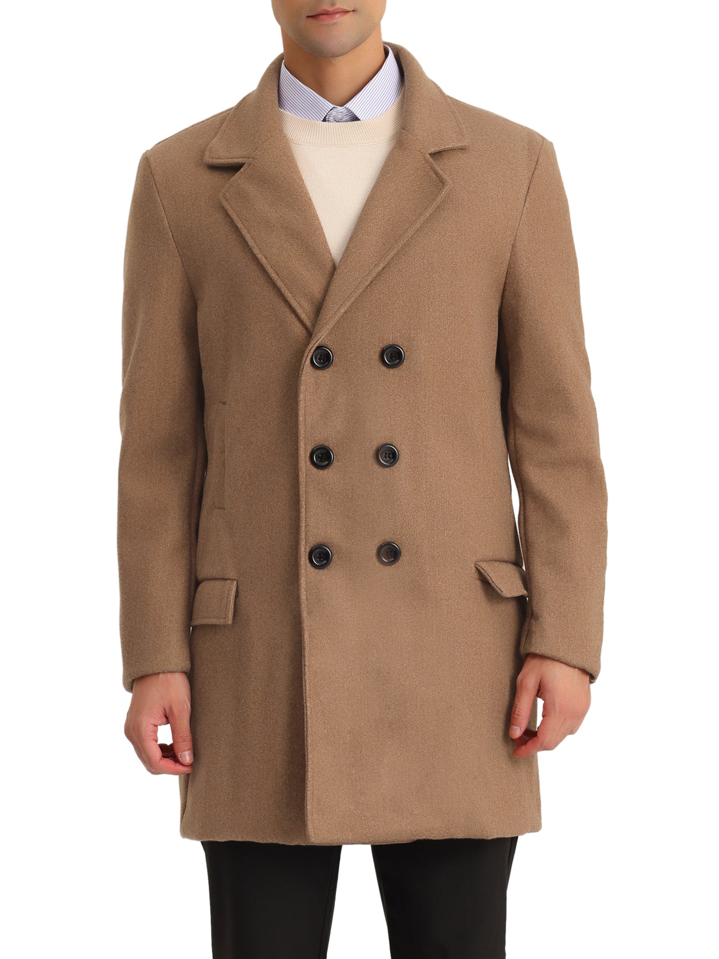 Bublédon Men's Winter Overcoat Double Breasted Notched Lapel Mid-Length Pea Coat