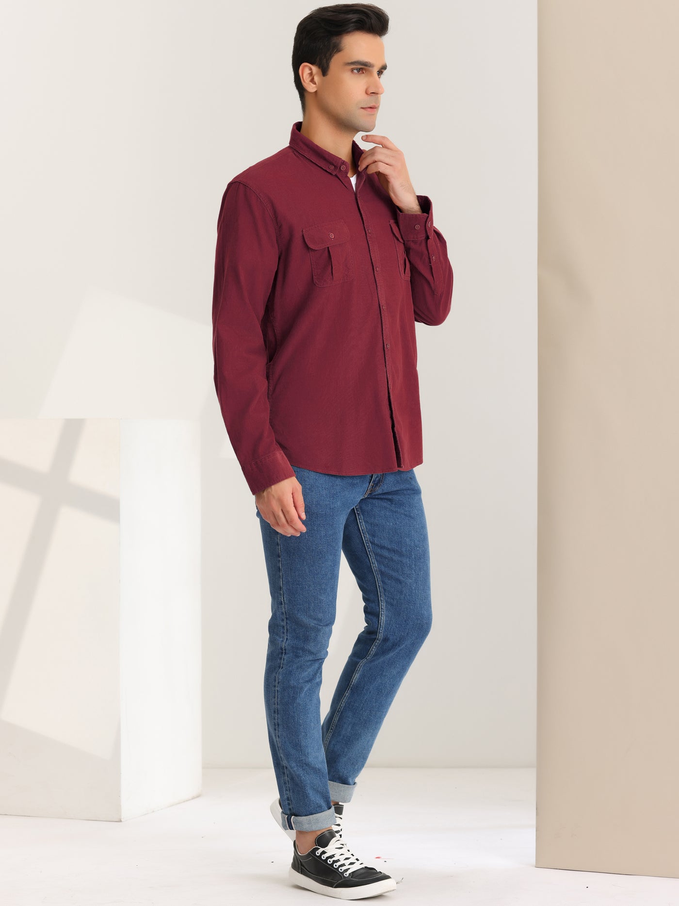 Bublédon Men's Corduroy Shirt Casual Solid Point Collar Button Down Long Sleeves Shirts