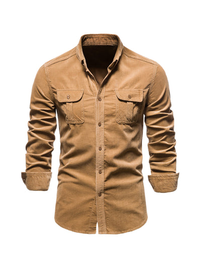 Men's Corduroy Shirt Casual Solid Point Collar Button Down Long Sleeves Shirts