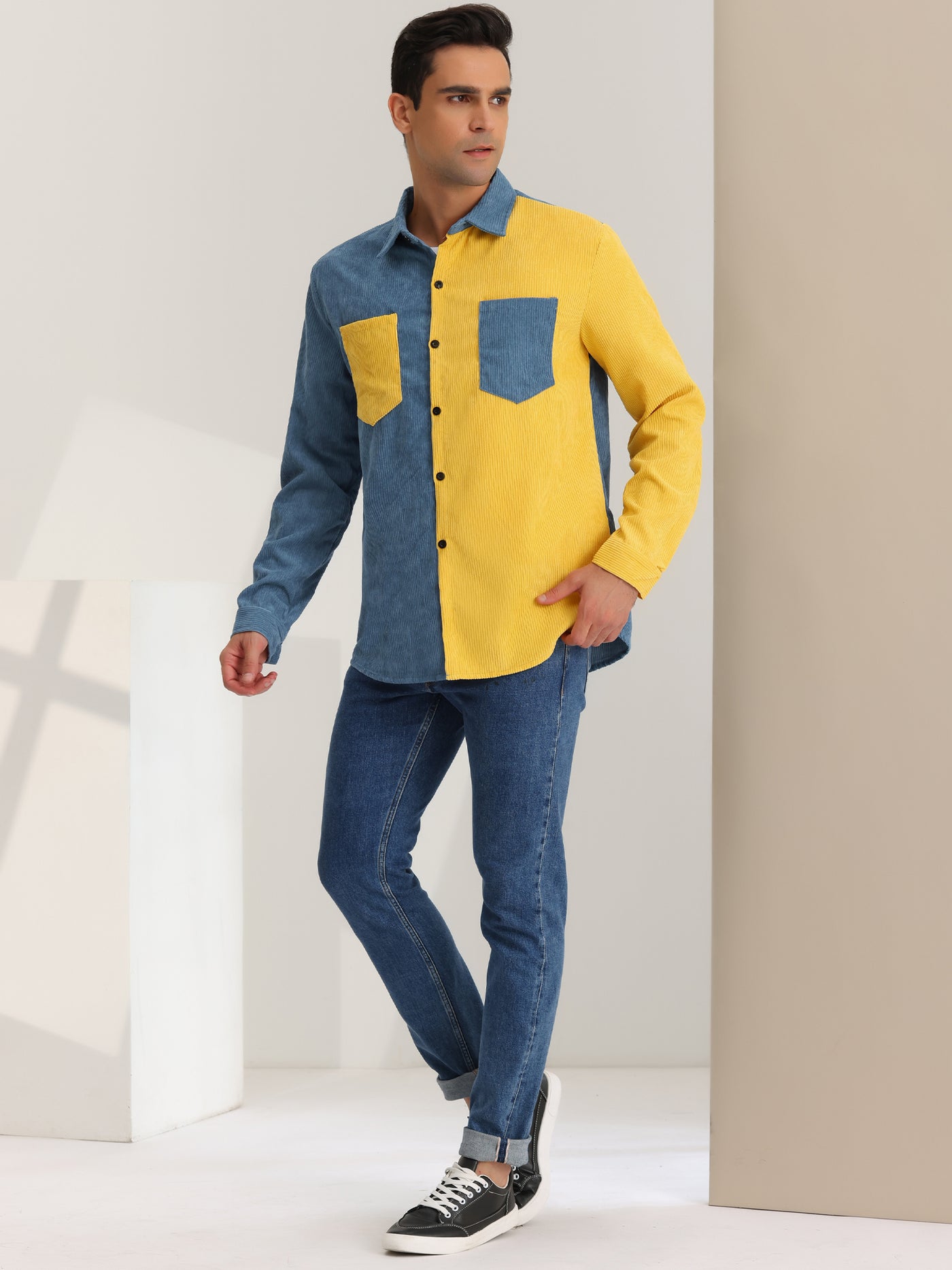 Bublédon Men's Corduroy Shirt Long Sleeves Button Down Color Block Patchwork Shirts