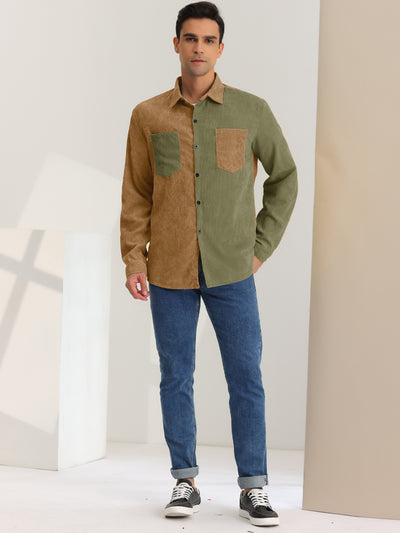 Men's Corduroy Shirt Long Sleeves Button Down Color Block Patchwork Shirts