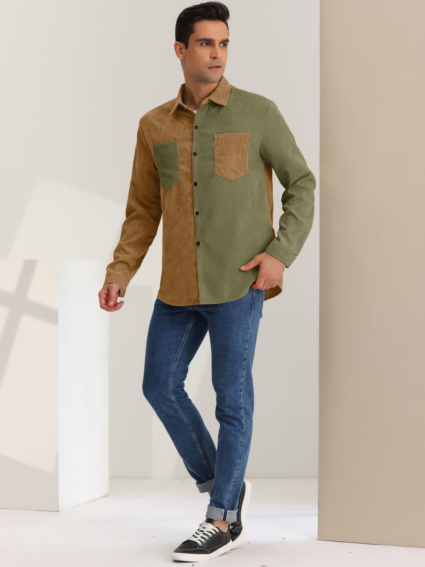Bublédon Men's Corduroy Shirt Long Sleeves Button Down Color Block Patchwork Shirts