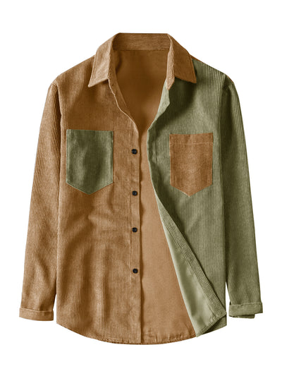 Men's Corduroy Shirt Long Sleeves Button Down Color Block Patchwork Shirts