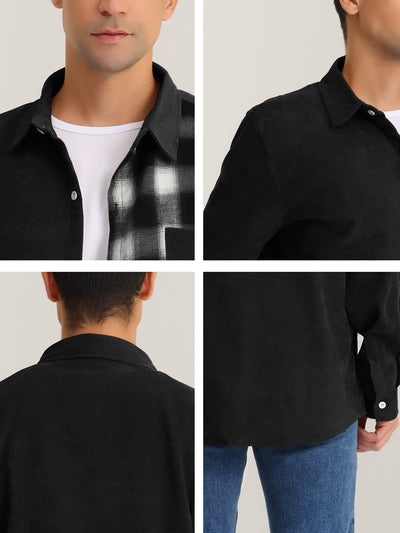 Men's Corduroy Patchwork Plaid Button Closure Long Sleeves Shirt Jackets
