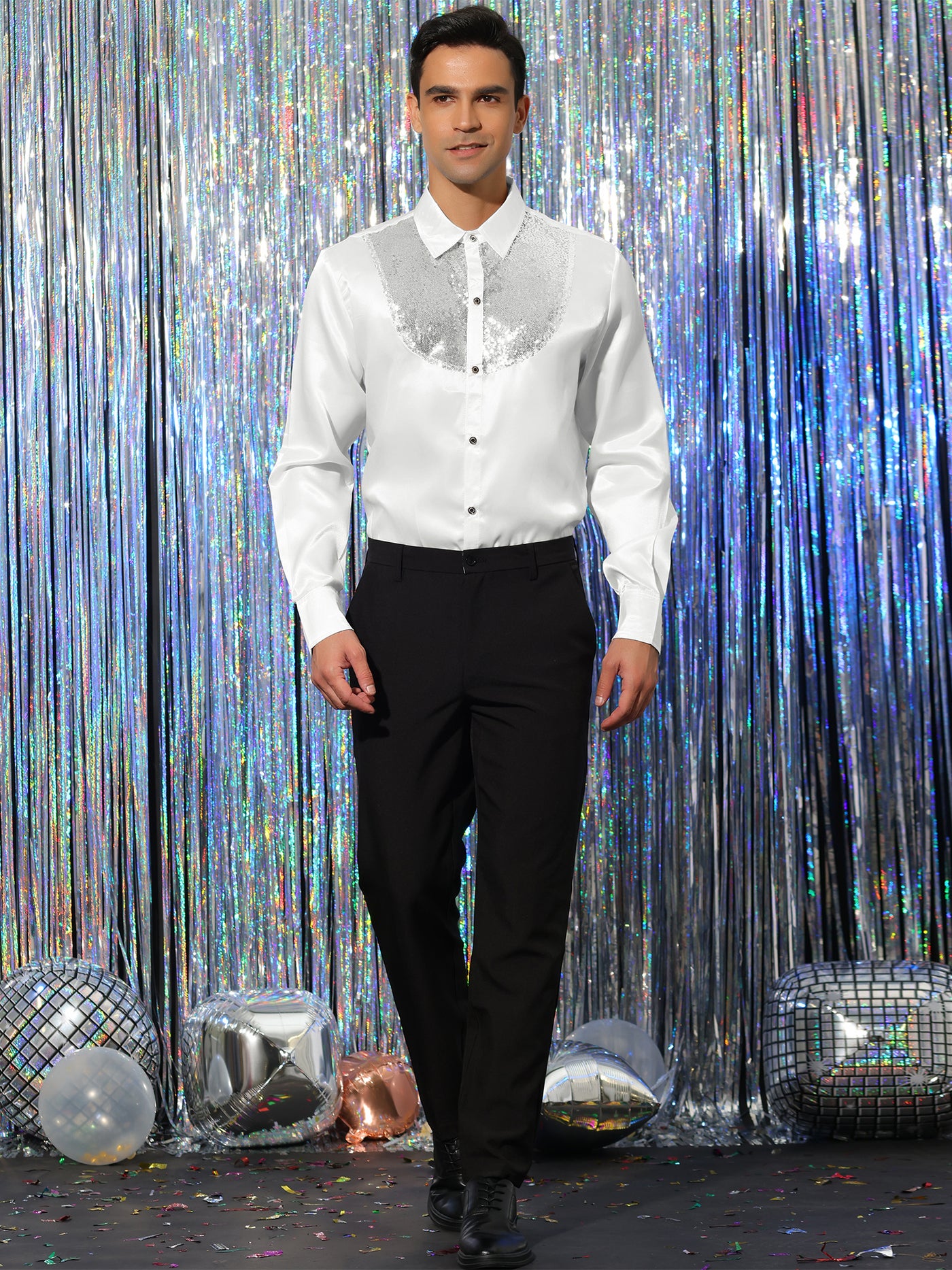 Bublédon Men's Sequin Shirt Long Sleeves Button Down Prom Party Satin Shirts