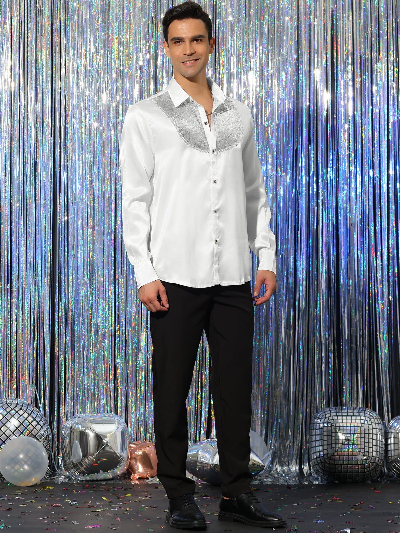 Bublédon Men's Sequin Shirt Long Sleeves Button Down Prom Party Satin Shirts