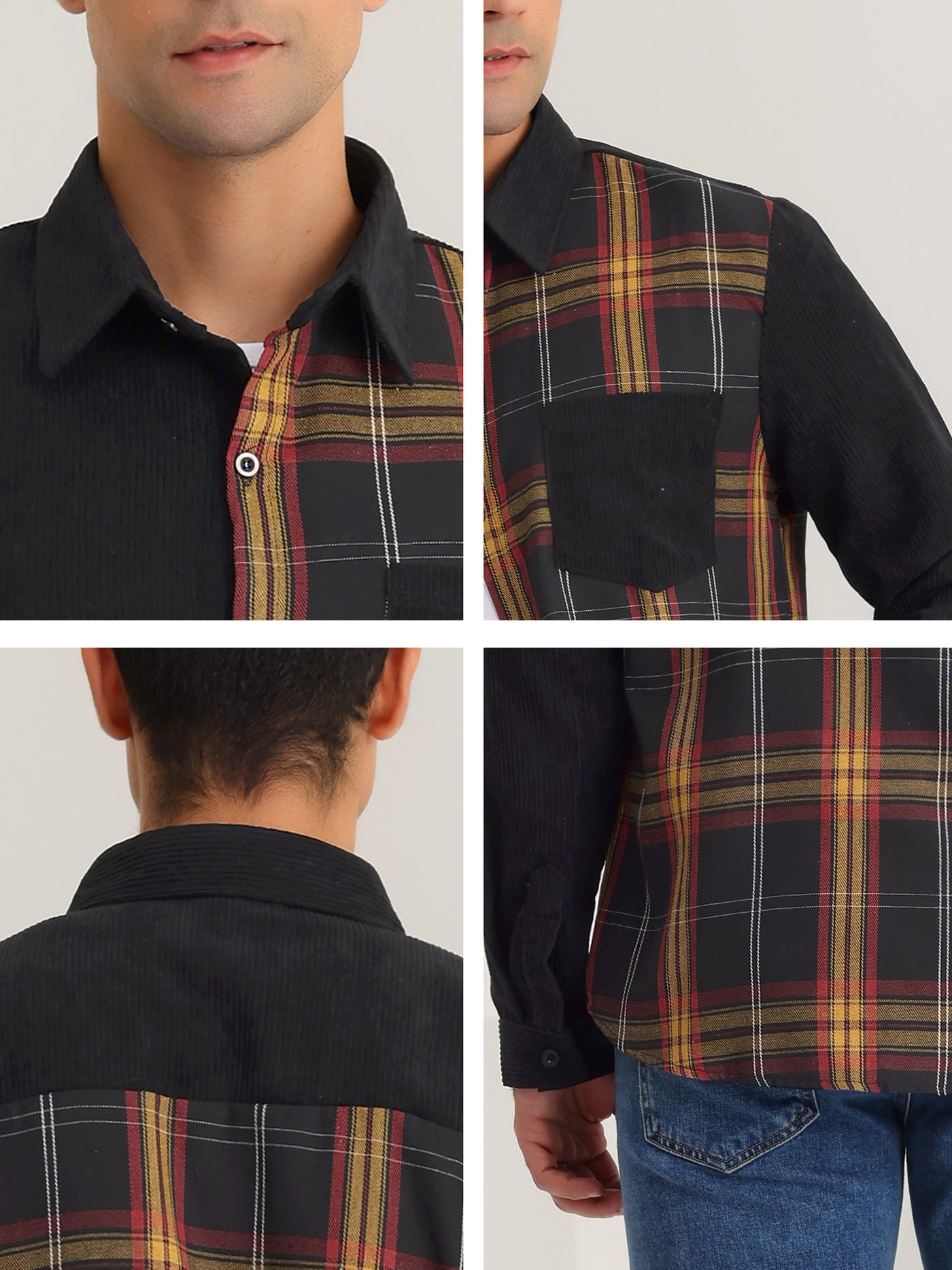 Bublédon Men's Corduroy Patchwork Plaid Button Closure Long Sleeves Shirt Jackets