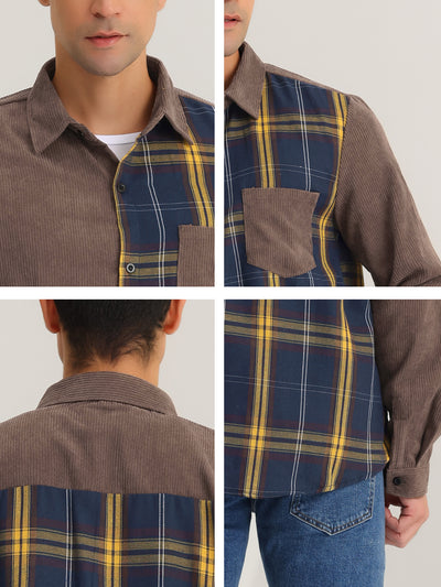 Men's Corduroy Patchwork Plaid Button Closure Long Sleeves Shirt Jackets