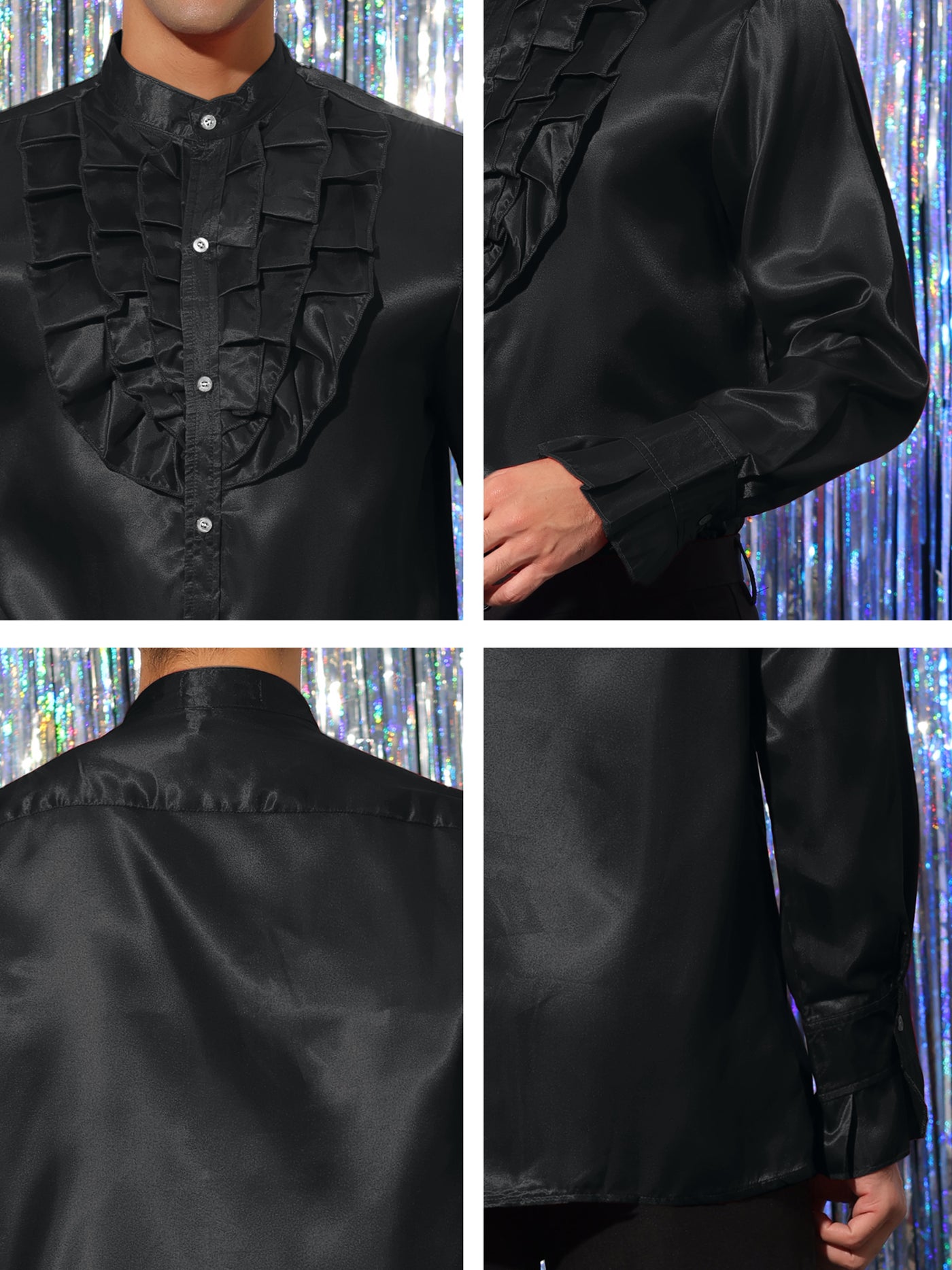 Bublédon Men's Satin Band Collar Long Sleeves Ruffled Gothic Costume Shirts