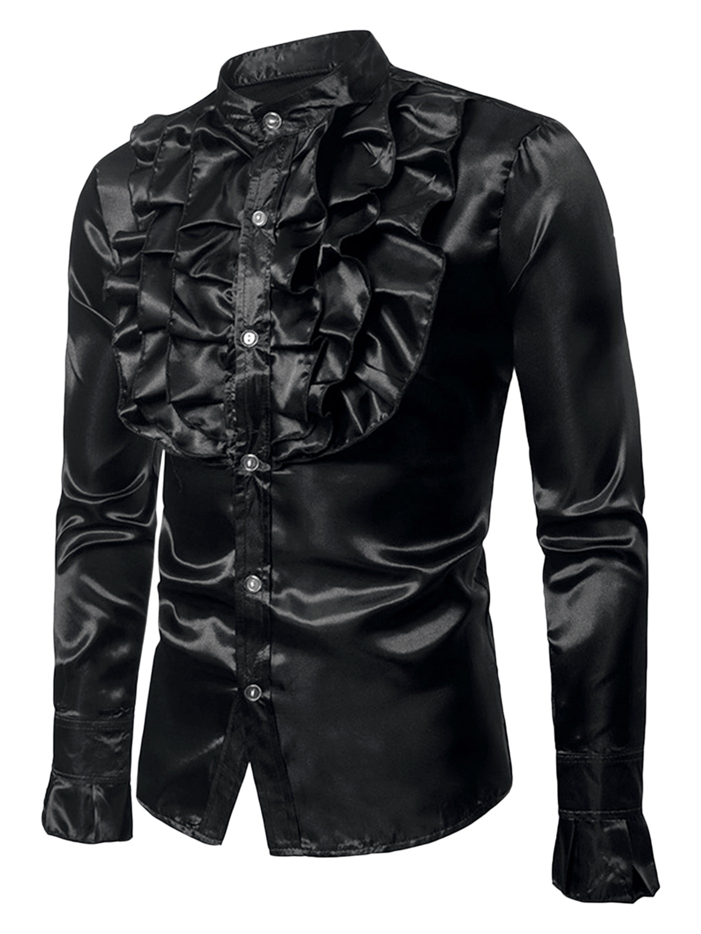 Bublédon Men's Satin Band Collar Long Sleeves Ruffled Gothic Costume Shirts