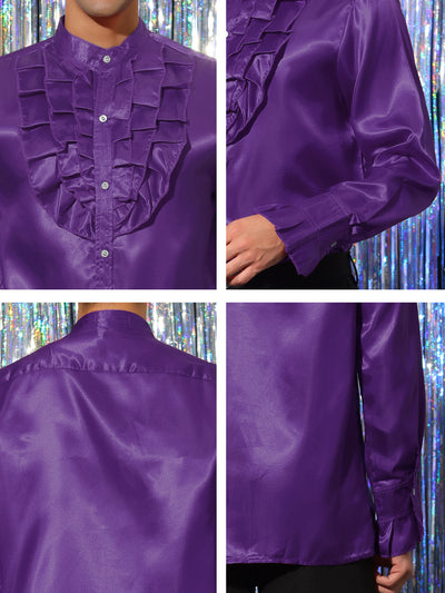 Men's Satin Band Collar Long Sleeves Ruffled Gothic Costume Shirts