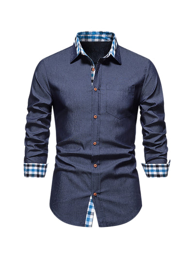 Men's Dress Denim Long Sleeves Checkered Collar Button Down Jeans Shirts