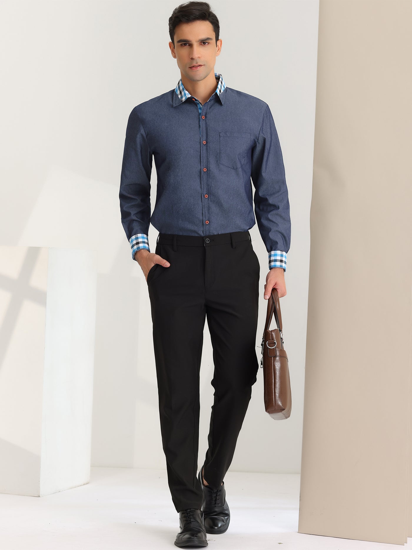 Bublédon Men's Dress Denim Long Sleeves Checkered Collar Button Down Jeans Shirts