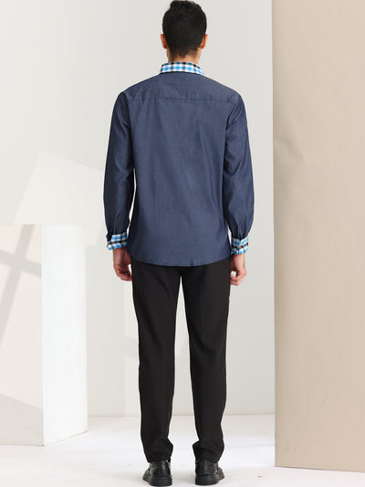 Men's Dress Denim Long Sleeves Checkered Collar Button Down Jeans Shirts