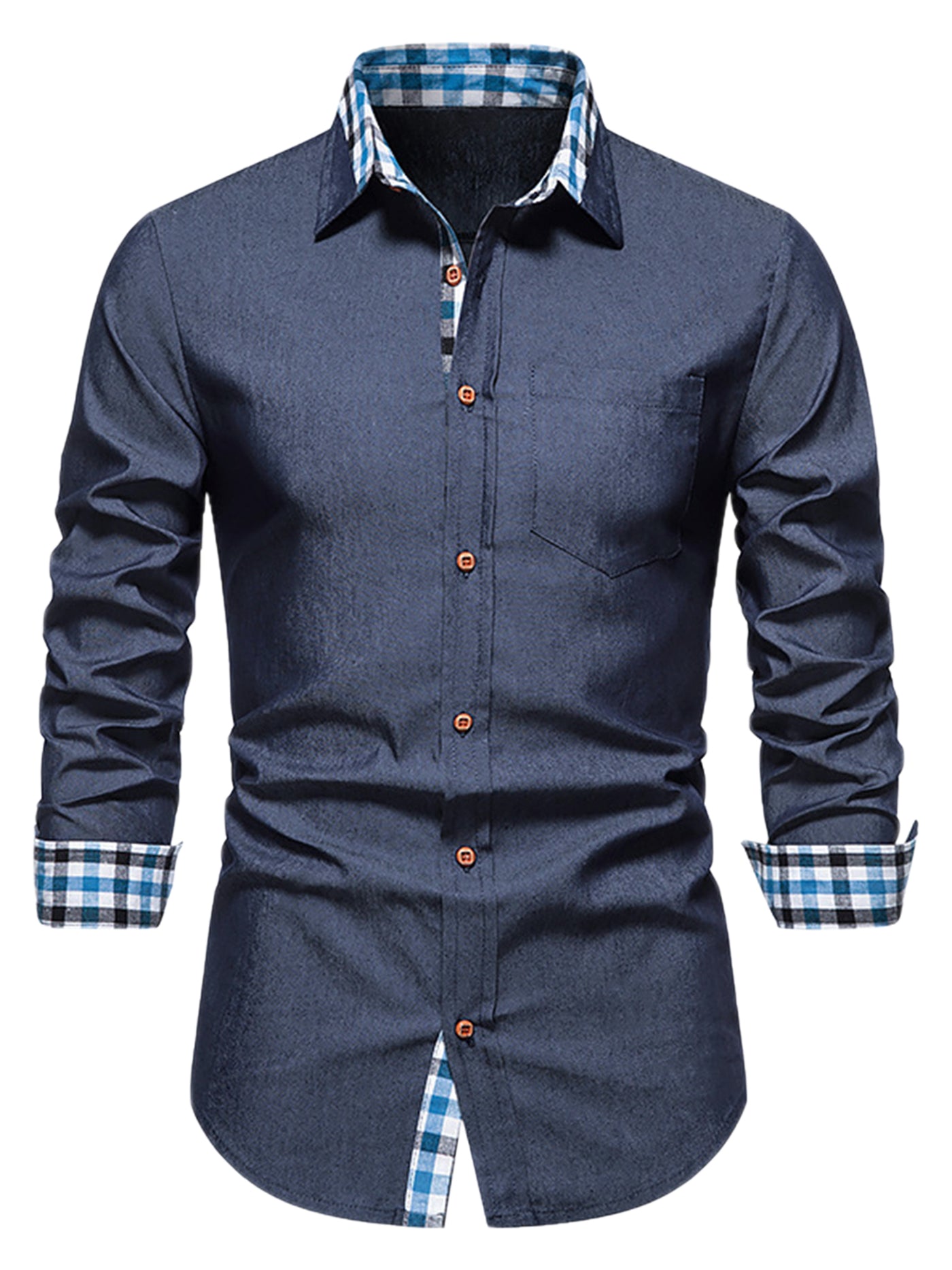 Bublédon Men's Dress Denim Long Sleeves Checkered Collar Button Down Jeans Shirts