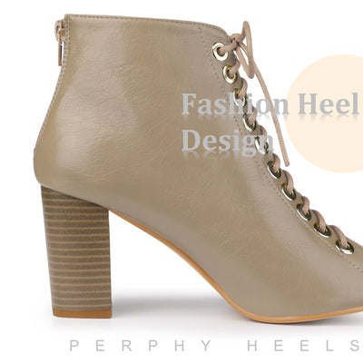 Perphy Women's Peep Toe Lace Up Chunky Heel Ankle Boots