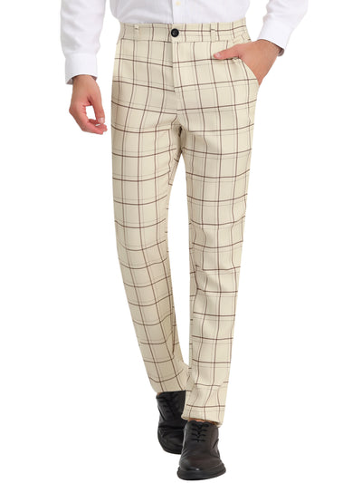 Men's Slim Fit Checked Flat Front Business Plaid Formal Dress Pants