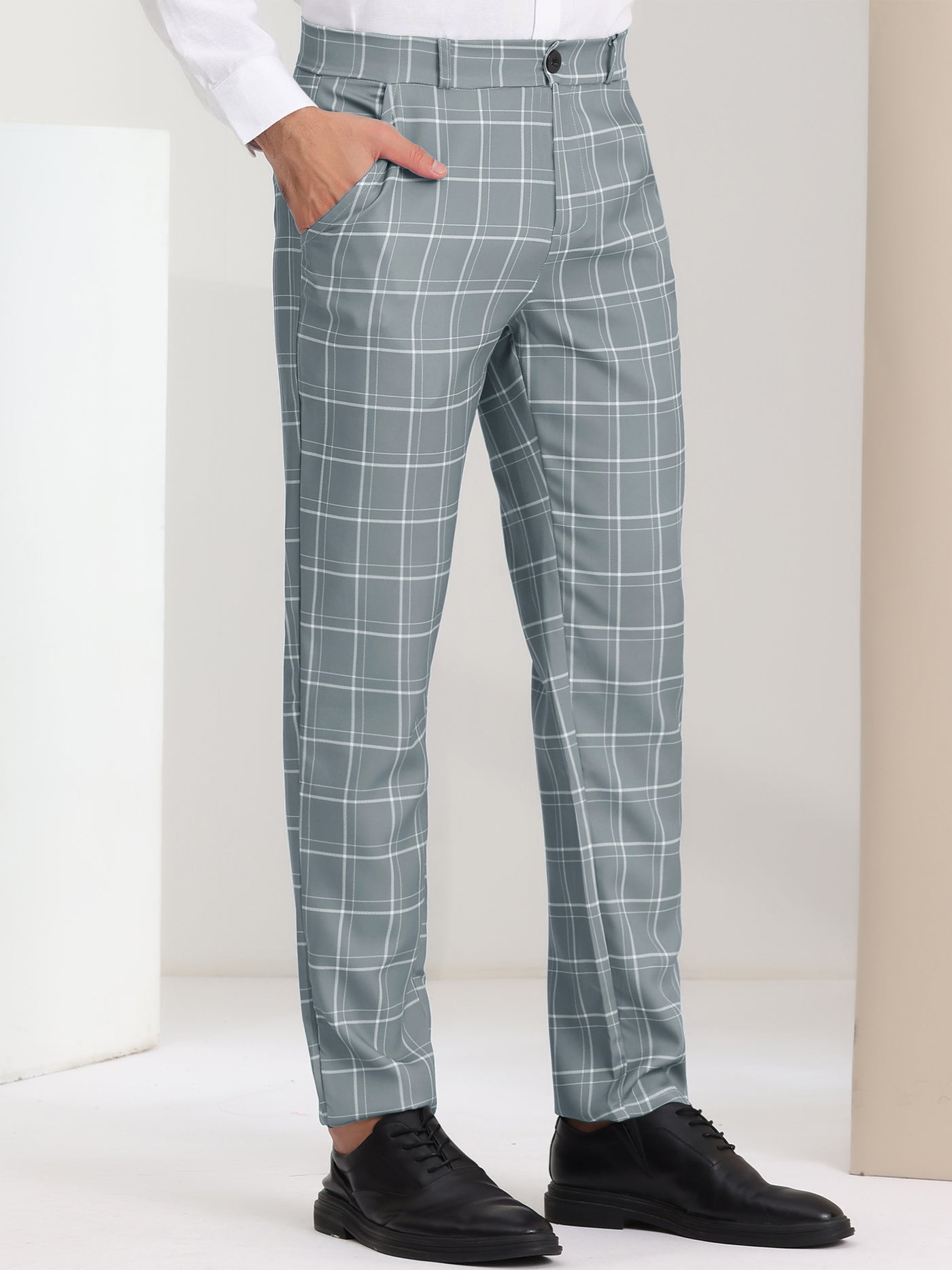 Bublédon Men's Slim Fit Checked Flat Front Business Plaid Formal Dress Pants