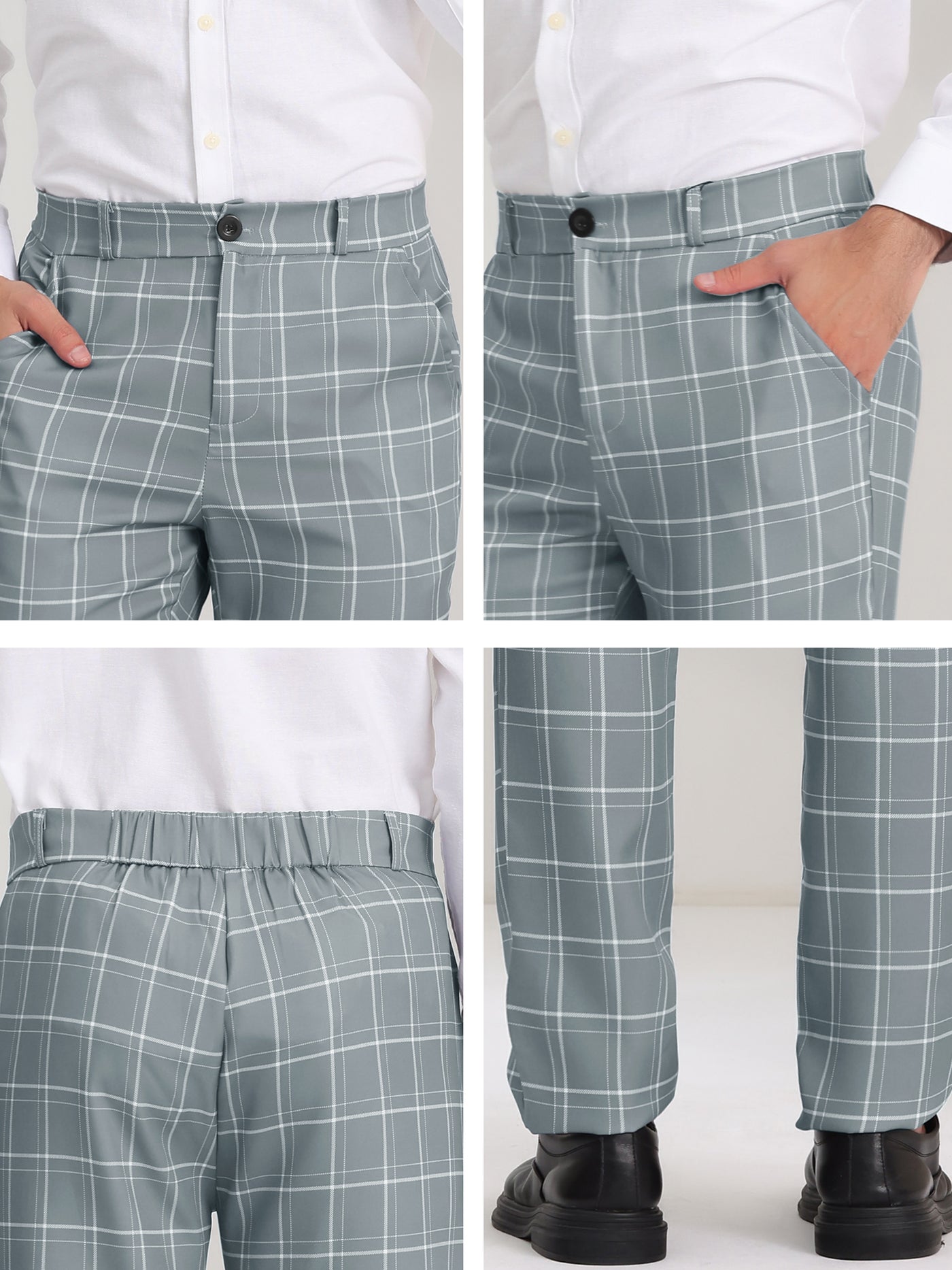 Bublédon Men's Slim Fit Checked Flat Front Business Plaid Formal Dress Pants
