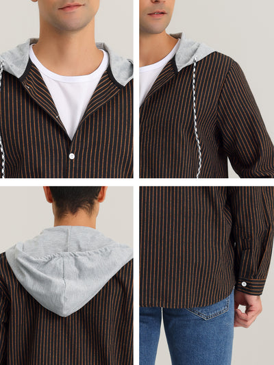 Hoodie Striped Long Sleeves Button Closure Hood Shirt Jacket