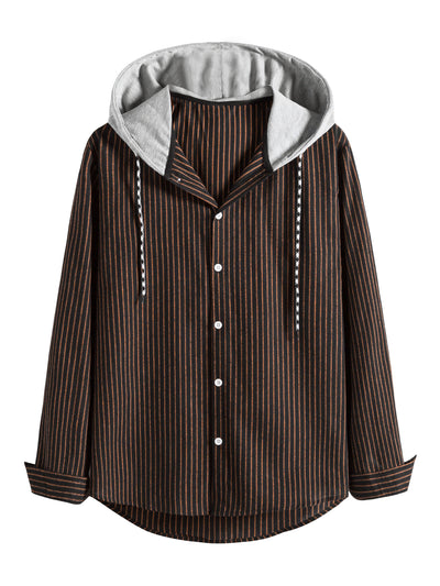Hoodie Striped Long Sleeves Button Closure Hood Shirt Jacket