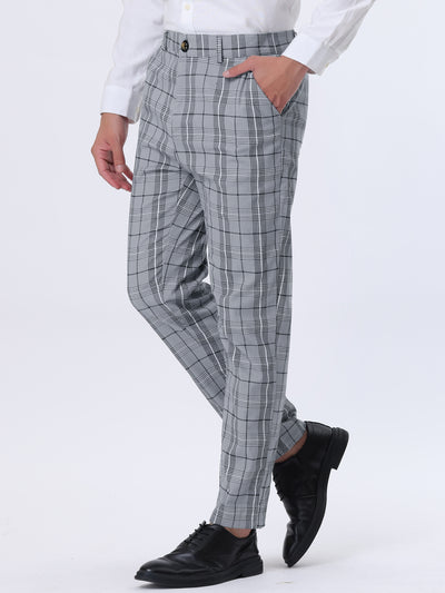 Men's Plaid Slim Fit Trousers Flat Front Casual Checked Printed Dress Pants